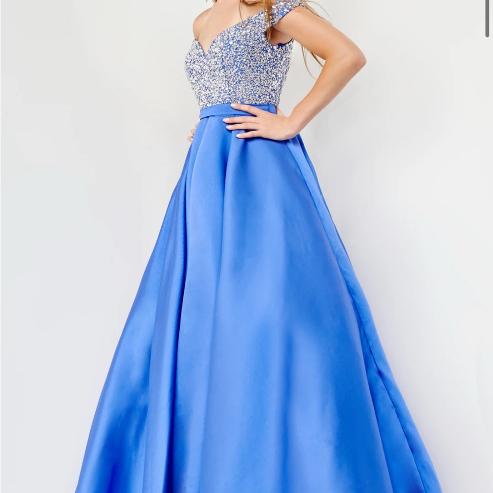 Size 4 Jovani Blue and Silver Off-Shoulder Gown